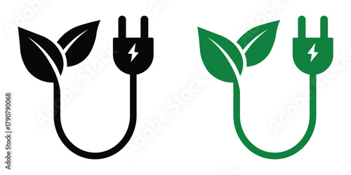 Eco plug with green leaf icon symbolizing renewable energy, sustainable power, and eco-friendly electricity concept design for poster, banner, or clean energy illustration.