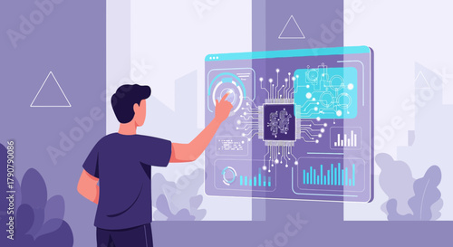 Man interacting with futuristic interface showcasing ai data and technology integration