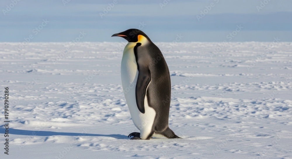 Fototapeta premium Solitary penguin standing on snowy expanse, shadowed against the bright sky