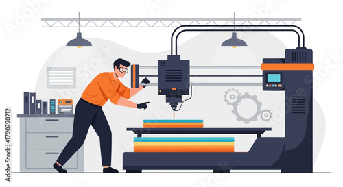 Man operating industrial 3D printer with protective gear in manufacturing facility showcasing