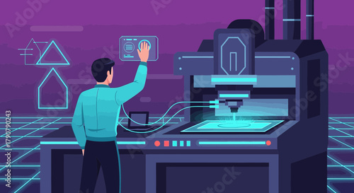 Man operating a futuristic high-tech manufacturing machine with advanced interface screen