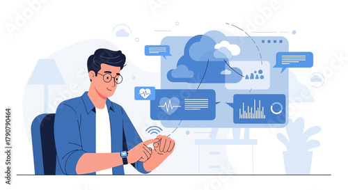 Man using a smartwatch for health monitoring and data analysis via cloud computing