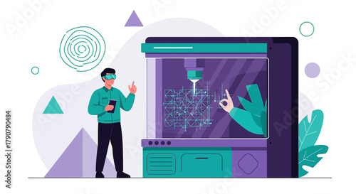 Man using virtual reality to design and interact with a 3D printing machine concept