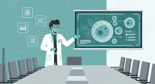 Medical professional presenting cellular research in a modern conference setting illustration