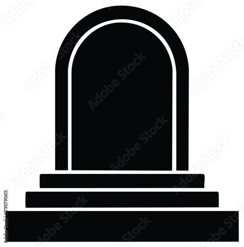 Black gravestone with arched top on three steps, cemetery monument for memory