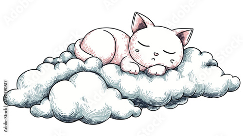 Adorable Sleeping Cat on Fluffy Cloud Cartoon Vector Illustration