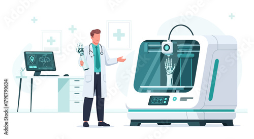 Medical innovation concept with a doctor showcasing 3D printed bone structures and technology for