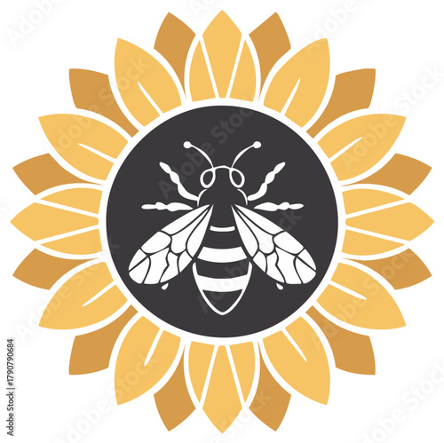 Honeybee Silhouette on Sunflower Blossom Graphic Simple Design Illustration