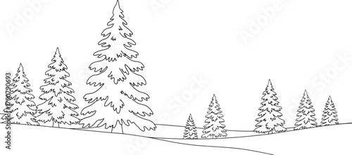 Winter landscape with pine trees in snow outline for coloring or design use