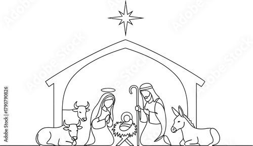 Nativity scene with Mary Joseph baby Jesus star animals in simple line art