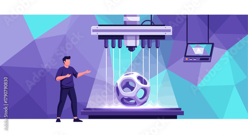 Modern illustration showcasing a 3D printer manufacturing a spherical object in a stylized setting