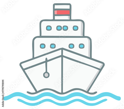Simple cartoon illustration of a large cruise ship sailing on the ocean waves