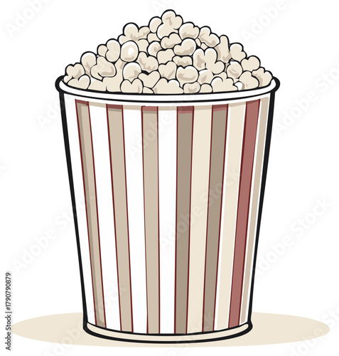 Popcorn in striped bucket vector illustration for cinema or snack time