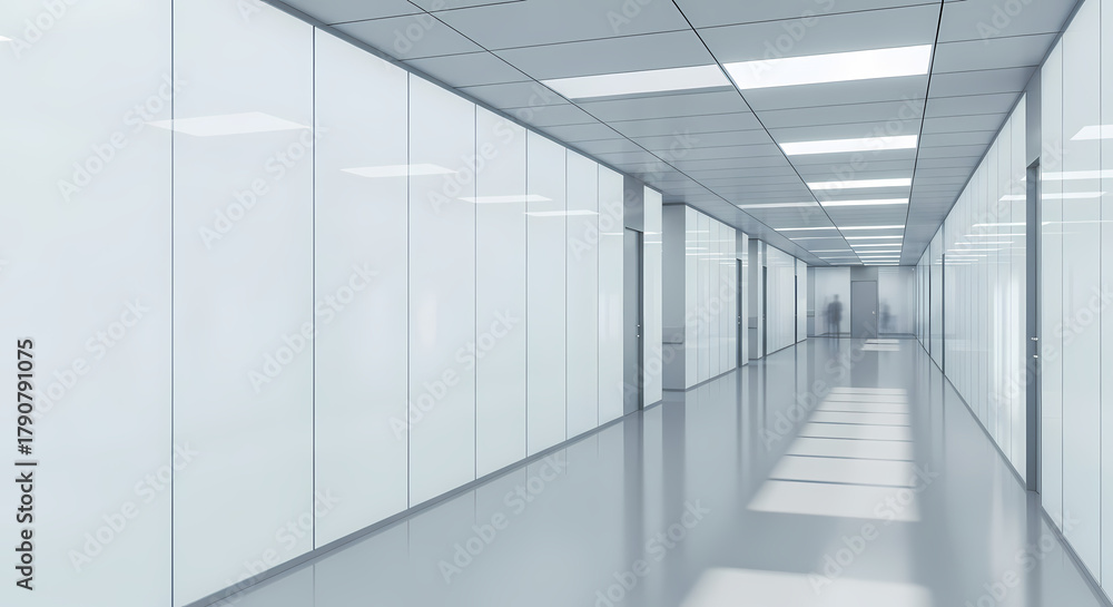 Fototapeta premium Long, bright hallway with white walls and ceiling lights, leading to a distant figure.