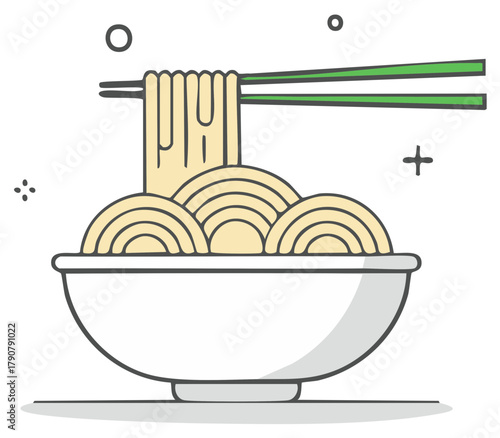 Stylized line art illustration of Asian noodles lifted by chopsticks from a white bowl