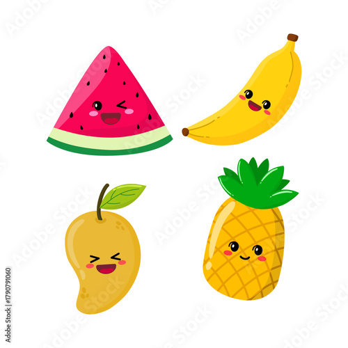 Cute watermelon, banana, mango, and pineapple tropical fruit characters set kawaii illustration for kids
