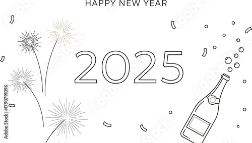 Happy new year 2025 celebration with champagne bottle and fireworks illustration