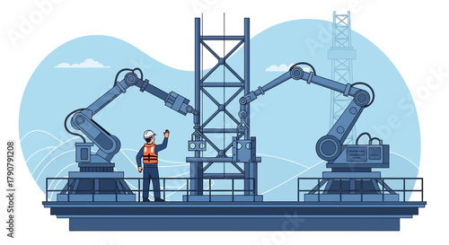 Offshore oil platform construction with robotic arms and worker inspecting progress