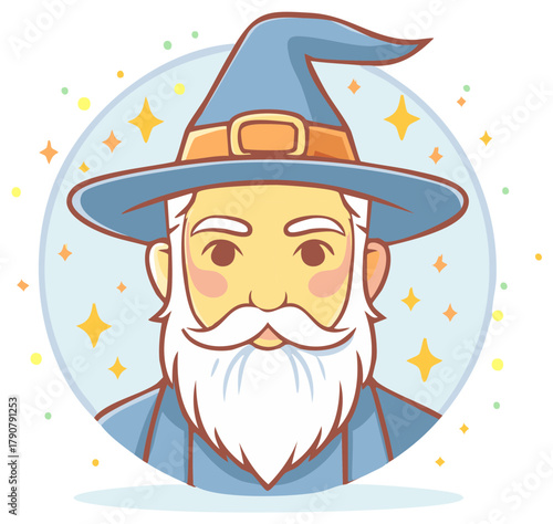 Wise old wizard character wearing a blue hat with long white beard and mustache