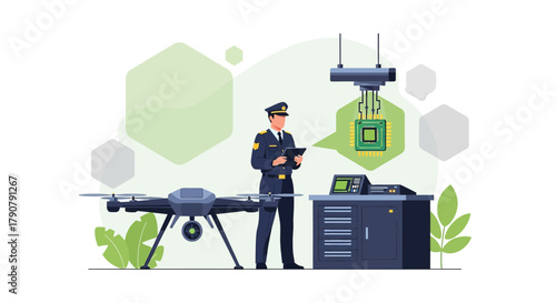 Policeman inspecting drone technology with advanced security systems at a workstation