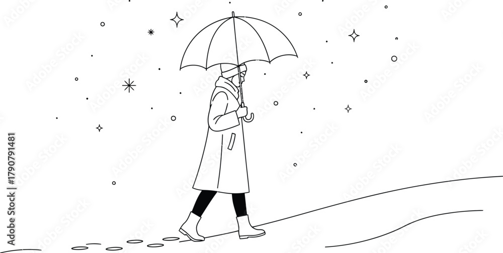 Naklejka premium Woman walking in snow with umbrella in a minimalist line art illustration
