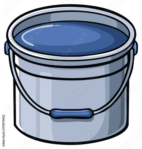 Gray metal bucket with a handle full of clean blue water cartoon illustration