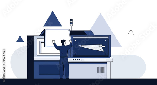 Precision manufacturing industry worker operating advanced technology machine with digital displays