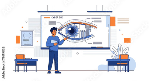 Presentation of cybernetic eye technology with futuristic prosthetic eye illustration