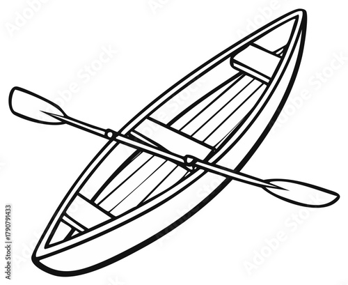 Line Art Kayak with Paddles on Water Vector Illustration Canoeing Outline