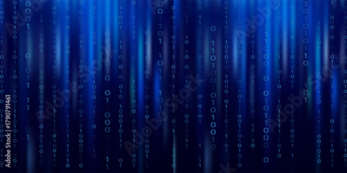 Blue Binary Data Software Programming Code Background. Random Parts of Program Code. Digital Data Technology Concept. 1 0 Machine Code. Random Binary Data Matrix Wide Vector Illustration.