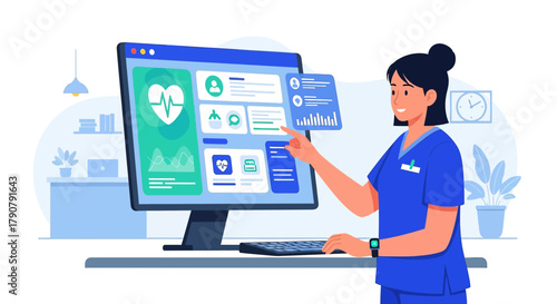 Professional medical worker uses digital healthcare application on the computer in modern office