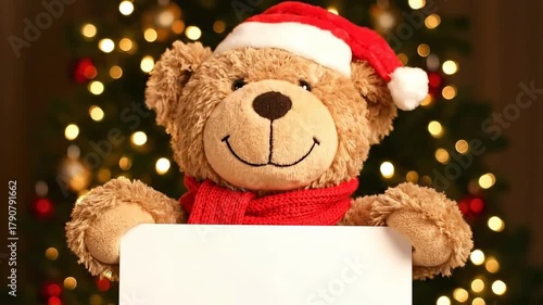 Cute Teddy Bear in Santa Hat Nodding Head with Blank Sign – Christmas Background