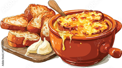 Delicious French Cuisine Dishes with Melted Cheese in Fondue