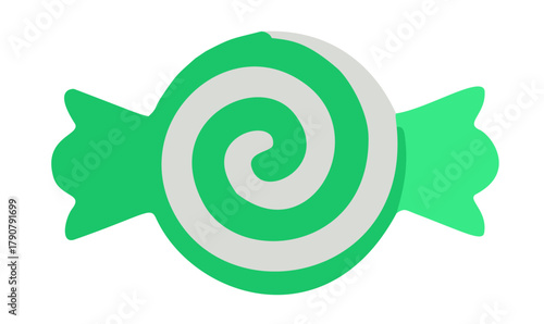 Vibrant green and white swirl candy icon. Sweet treat, simple flat design.