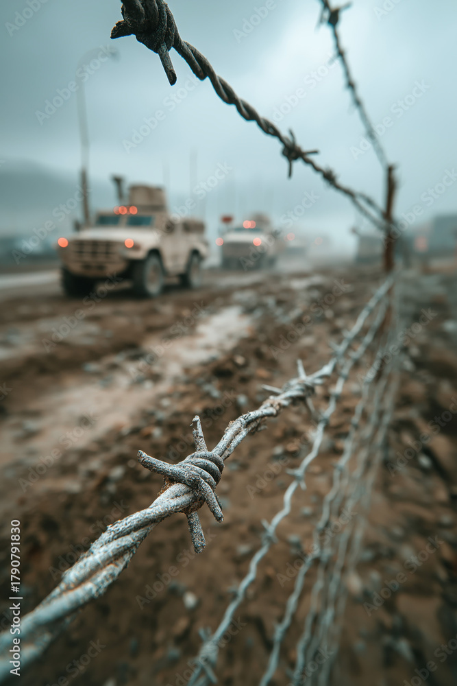 Obraz premium Fil barbelé rouillé avec véhicules militaires flous en arrière-plan, scène de guerre ou zone de conflit