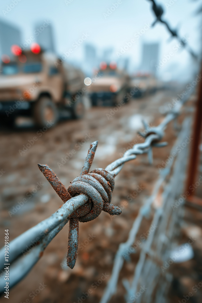 Naklejka premium Fil barbelé rouillé avec véhicules militaires flous en arrière-plan, scène de guerre ou zone de conflit