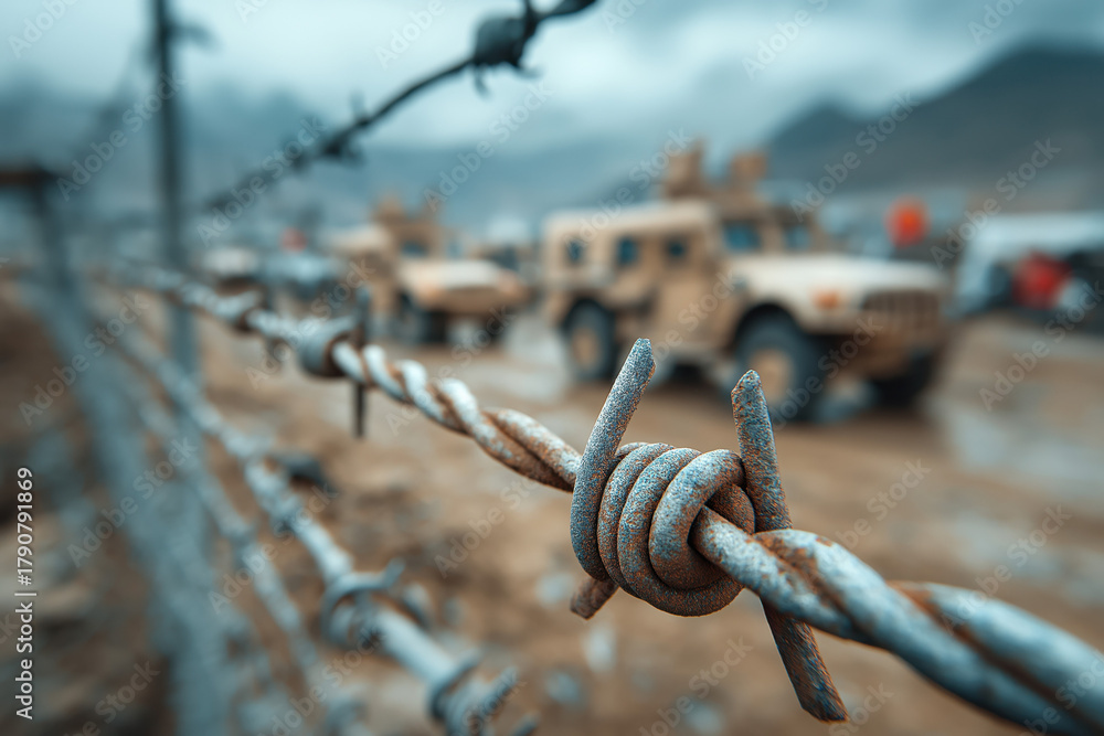 Naklejka premium Fil barbelé rouillé avec véhicules militaires flous en arrière-plan, scène de guerre ou zone de conflit