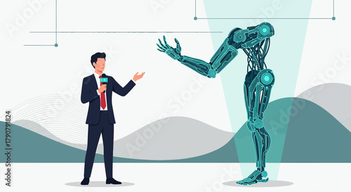 Robot unveiling by news reporter symbolizing technological advancement and innovation