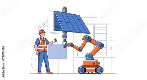 Robotic arm assembling solar panels under supervision of construction worker illustration