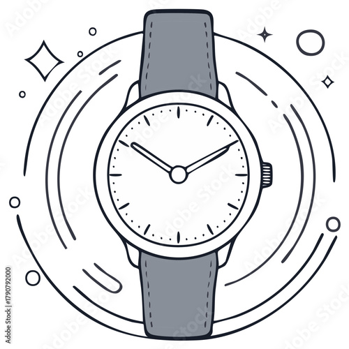 Elegant Wristwatch with Orbiting Graphics Emphasizing Time Keeping and Punctuality