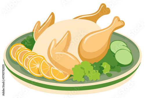 Whole Roasted Chicken with Sliced Oranges and Broccoli on a Serving Platter