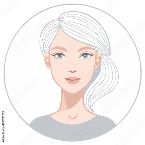 Illustration of Woman with Silver Hair in Ponytail within Circle Graphic