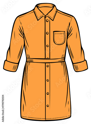 Vector illustration of a casual orange belted shirt dress with rolled up sleeves