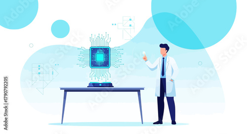 Scientist analyzing futuristic microchip technology in a modern research lab environment