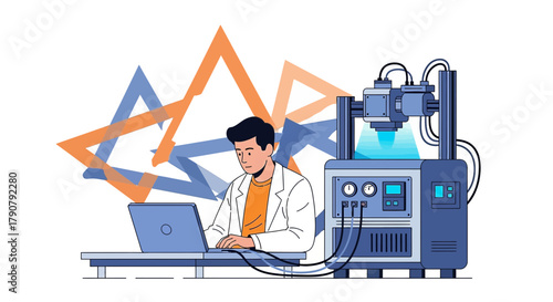 Scientist at work conducting research with advanced equipment and analyzing data on a laptop in a