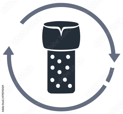Champagne bottle cork stopper with textured body and circular refresh arrows symbol