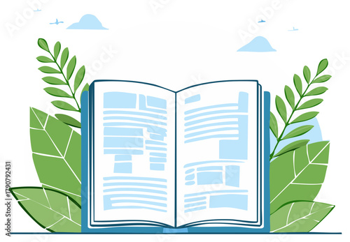 Open book illustration with leaves and clouds reading concept