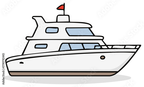 Clean graphic illustration of a white luxury motor yacht boat with a red flag for summer travel