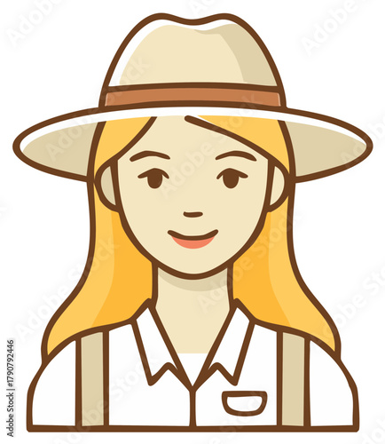 Cartoon young woman wearing a wide brimmed hat and safari style clothing
