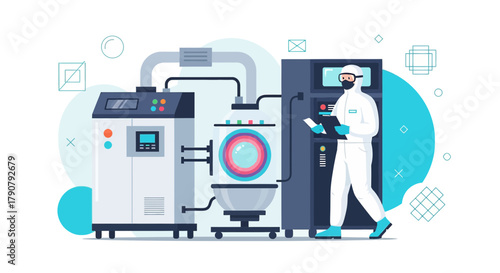 Scientist in hazmat suit working in advanced laboratory with complex machinery